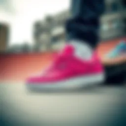 Adidas Original Pink sneakers showcased in an urban skate park