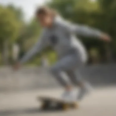 Dynamic action shot featuring the sweatshirt in a skateboarding context