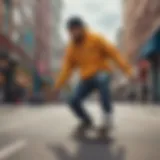 A vibrant skateboarder wearing a stylish hoodie in an urban setting.