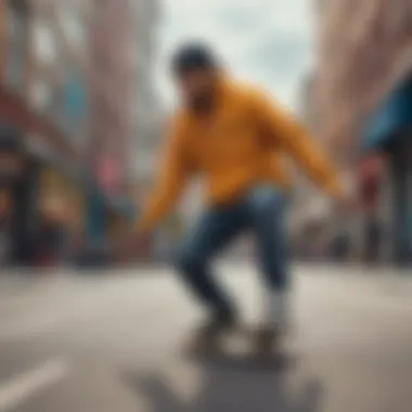 A vibrant skateboarder wearing a stylish hoodie in an urban setting.