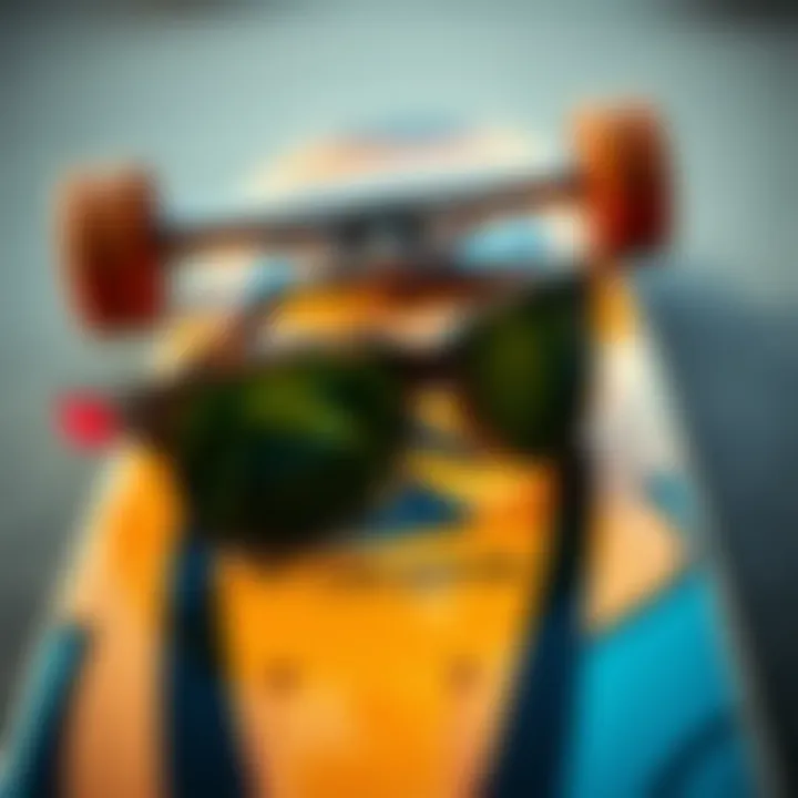 Close-up of branded glasses on a skateboard deck.