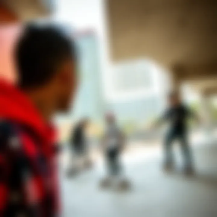 An urban skatepark scene showcasing skaters in fashionable glasses.
