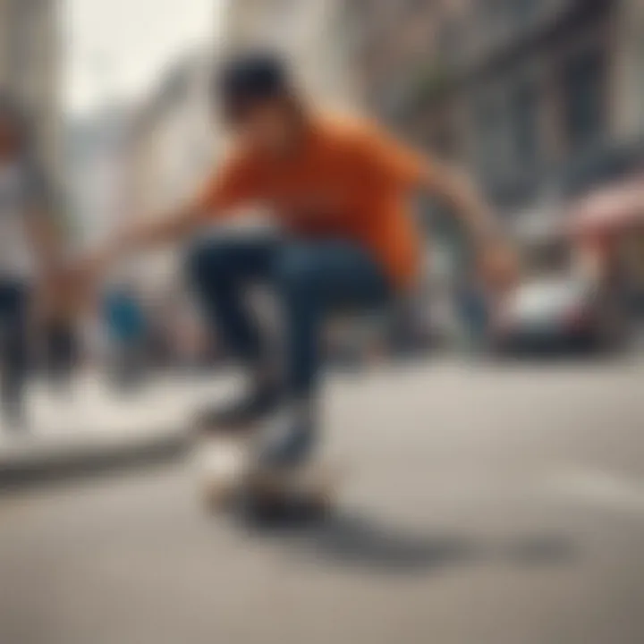 A vibrant street scene showcasing skateboarders and sustainable fashion brands