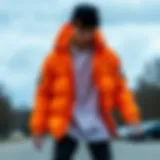 Dynamic skateboarder showcasing neon orange puffer jacket