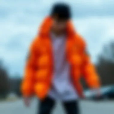 Dynamic skateboarder showcasing neon orange puffer jacket