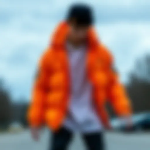 Dynamic skateboarder showcasing neon orange puffer jacket