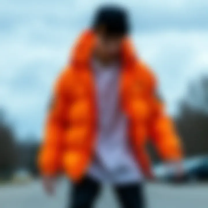 Dynamic skateboarder showcasing neon orange puffer jacket