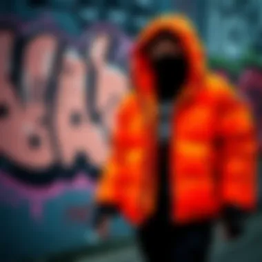 Neon orange puffer jacket against graffiti backdrop