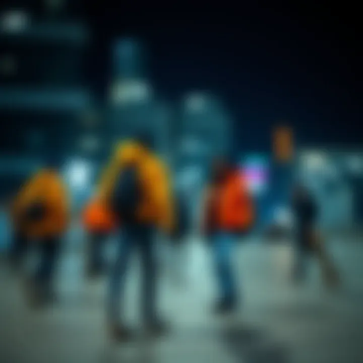 Skaters gathered in urban environment wearing vibrant jackets