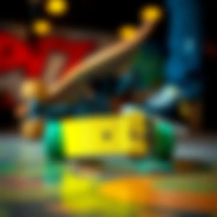 Close-up of neon yellow belt with skateboard in background