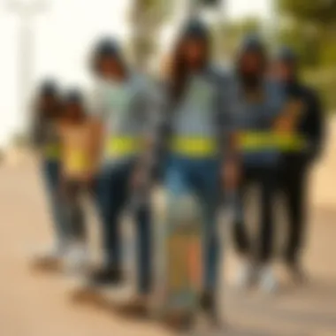 Group of skateboarders showcasing diverse styles with neon yellow belts