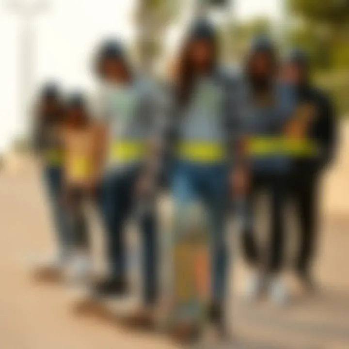 Group of skateboarders showcasing diverse styles with neon yellow belts