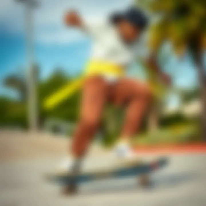 Skateboarder wearing neon yellow belt performing a trick