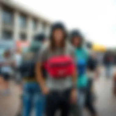 Group of skaters with various Nike belt bags at a skate event