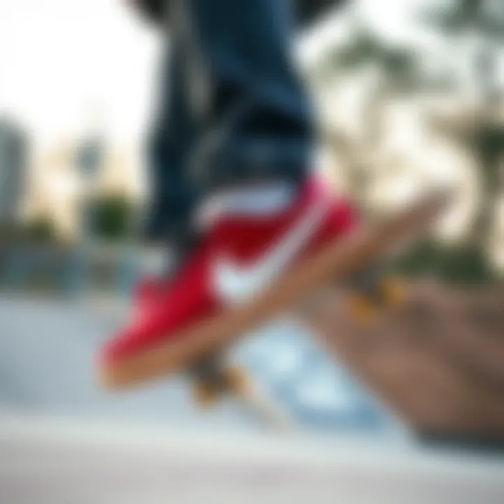 Skateboarder performing tricks while wearing Nike Blazer.