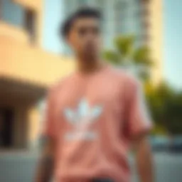 Stylish skateboarder wearing a Peach Adidas shirt in an urban setting