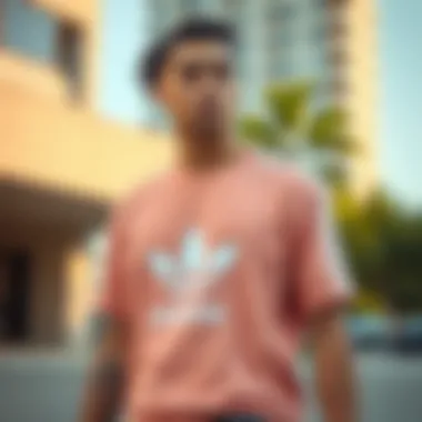 Stylish skateboarder wearing a Peach Adidas shirt in an urban setting