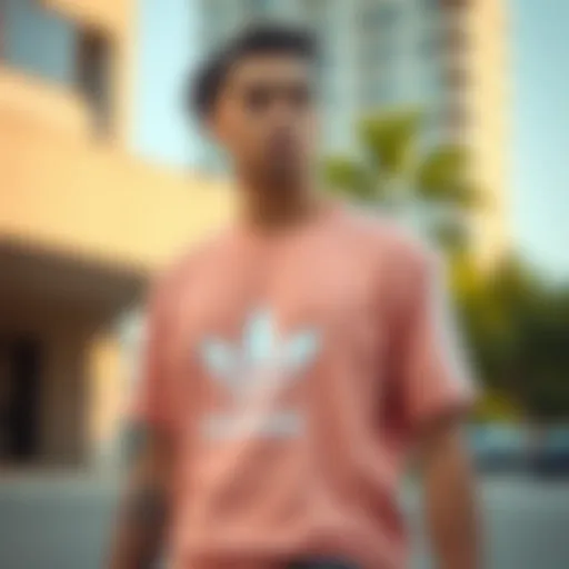 Stylish skateboarder wearing a Peach Adidas shirt in an urban setting