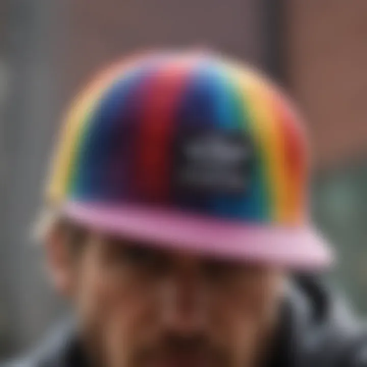 Close-up of the rainbow Hurley hat highlighting its design features