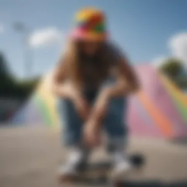 Skaters wearing rainbow Hurley hats in an urban skate park setting