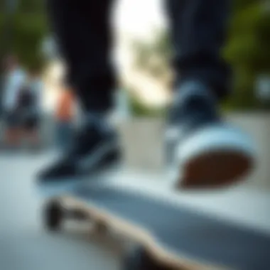 Close-up of a skateboarder's feet in black Vans during a trick