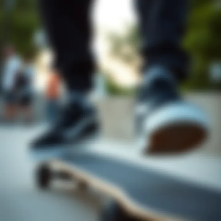 Close-up of a skateboarder's feet in black Vans during a trick