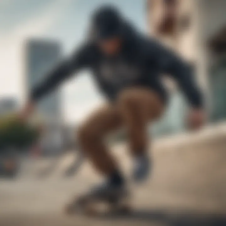 Skateboarder wearing a Huf hoodie while performing a trick in an urban setting