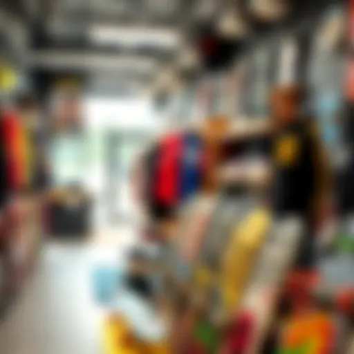 A vibrant display of skateboards and apparel in a trendy skater style store