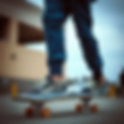 A stylish skateboarder showcasing Vans shoes and blue pants