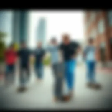 A group of skateboarders wearing Vans and blue pants in an urban setting