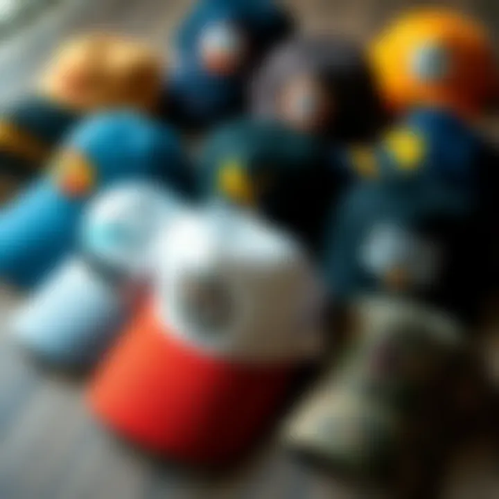 Popular brands of trucker hats laid out in a creative arrangement