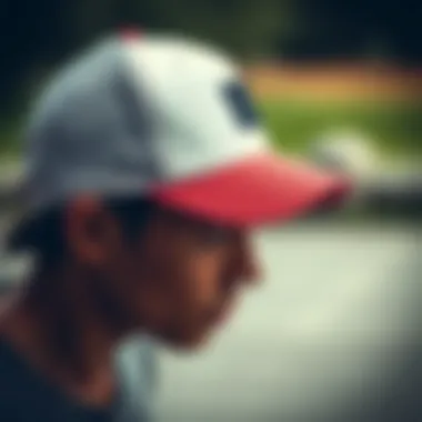 Close-up of a skateboarder wearing a stylish trucker hat