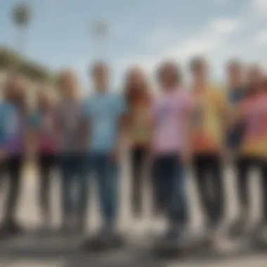 Group of skateboarders gathered, displaying their unique tie-dye styles.