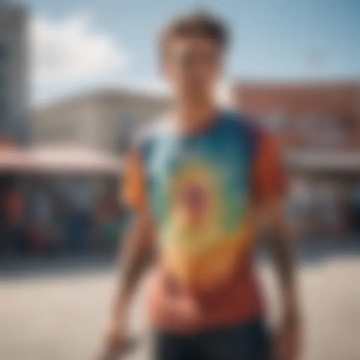 Skateboarder wearing a tie-dye crop top performing a trick.