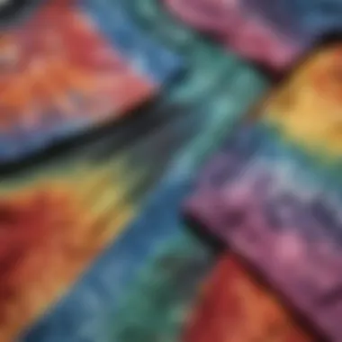 A close-up of various tie-dye patterns on crop tops.