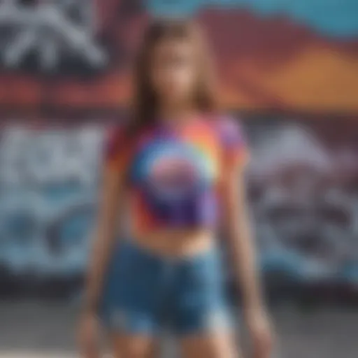 Vibrant tie-dye crop top showcased against a graffiti backdrop.