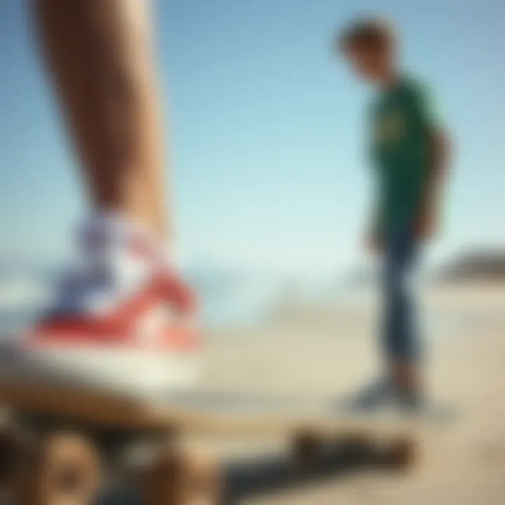 Skate Culture Meets Nautical Lifestyle Skateboarder wearing Vans Yacht Club Old Skool at the beach, blending skate and ocean culture