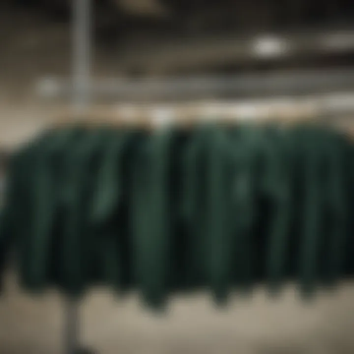 Stylish display of dark green crew neck sweatshirts on a hanger