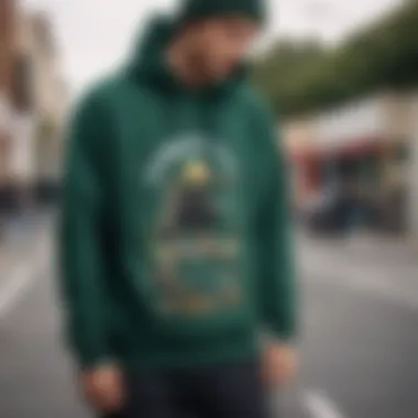 Fashionable layering of dark green crew neck sweatshirt with skateboard gear