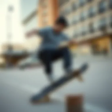 Skateboarder performing tricks while wearing Dickies pants in an urban setting