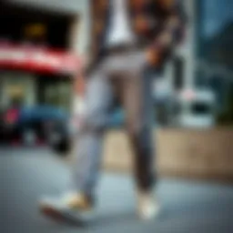 Stylish gray chinos displayed in an urban setting