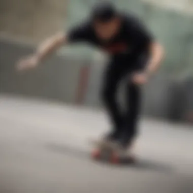 Skateboarder performing a trick with red and black grip tape