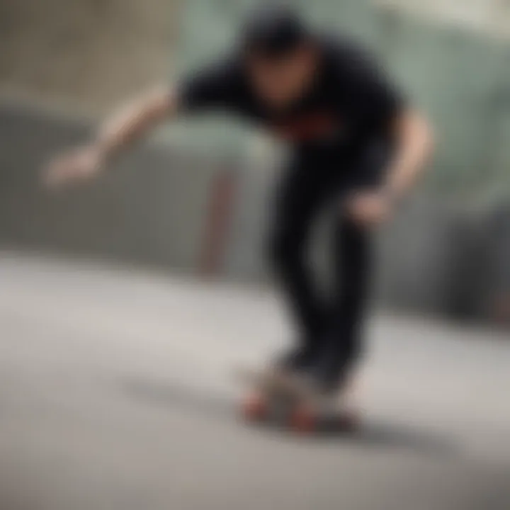 Skateboarder performing a trick with red and black grip tape