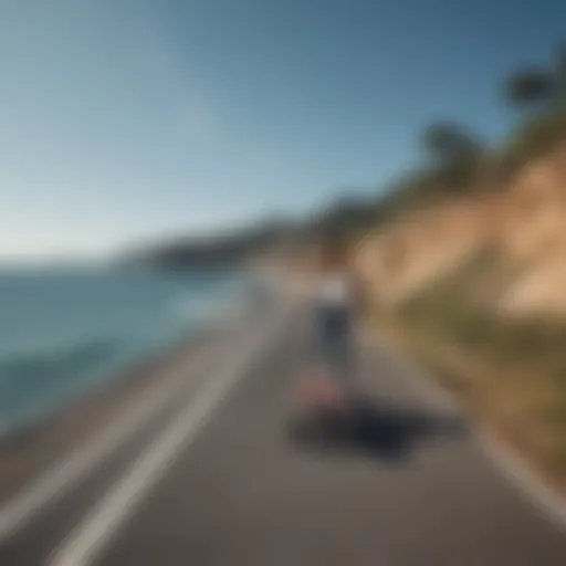 Skateboard cruising along a scenic coastal path