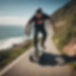 A stylish skateboard gliding along a scenic coastal path