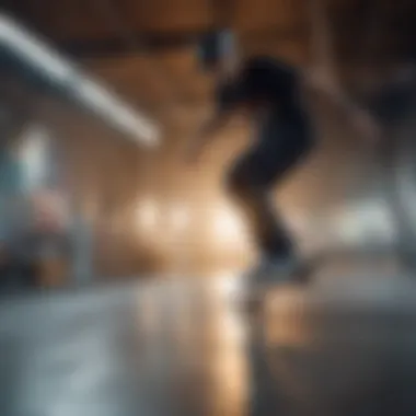 Skateboarder practicing tricks under a bright light