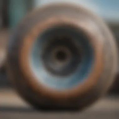 A close-up of skateboard wheels indicating usage and character