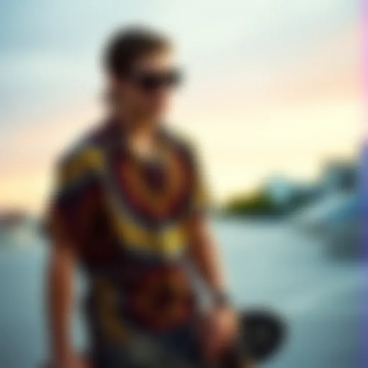 Skateboarder in Tribal Print Fashion Fashionable skateboarder wearing a tribal print shirt