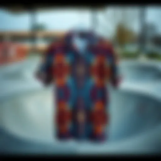 Vibrant tribal print shirt displayed in a skate park setting