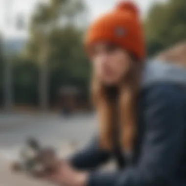 Different beanie styles paired with skateboarding outfits